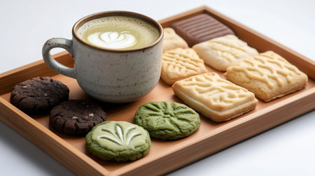 Coffee and cookies in wooden tray on white background, stock photoの写真素材