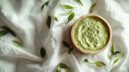 Wooden bowl with matcha tea powder on bed, top viewの写真素材