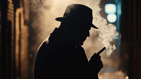 Silhouette of a man in a hat smoking a cigarette.