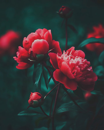 Red peony flowers in the garden. Selective focus. Toned.の写真素材