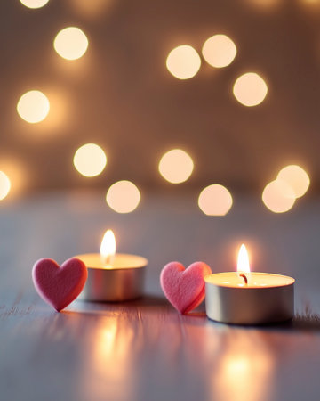 Two burning candles on a wooden background with bokeh in the backgroundの写真素材