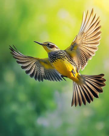 Beautiful yellow bird in flight with bokeh background, nature seriesの写真素材