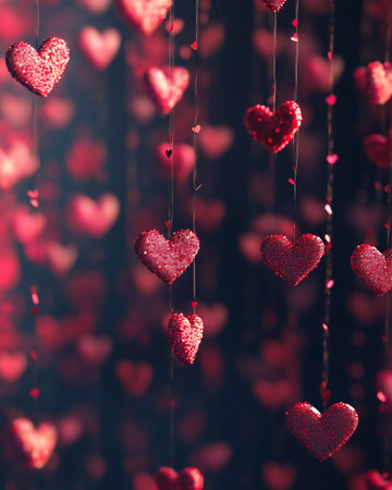 Valentine's day background with red hearts on a dark backgroundの写真素材