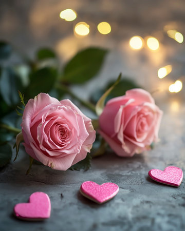 Pink roses and hearts on a dark background. Valentine's Day.の写真素材