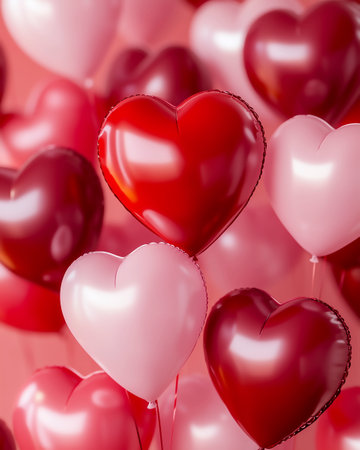Red and white heart-shaped balloons on a pink background. Valentine's day.の写真素材