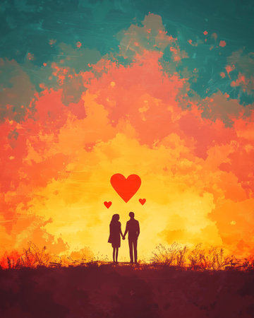Couple in love with red heart on sunset sky background. Love conceptの写真素材