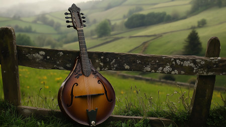 Mandolin on a wooden fence in the countrysideの写真素材