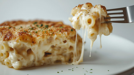 Close up of macaroni pasta with melted cheese on white plateの写真素材