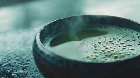Close up of hot green tea in a ceramic cup on wooden tableの写真素材