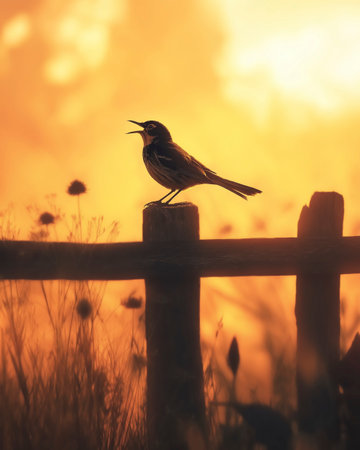 Beautiful bird sitting on a wooden fence at sunset. Vintage style.の写真素材