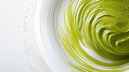 Matcha green tea latte on a white plate, top viewの写真素材