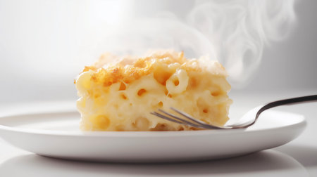 Macaroni and cheese casserole on a white plate.