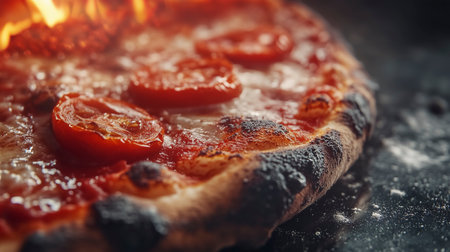 Pizza with tomatoes and mozzarella cheese on a black backgroundの写真素材