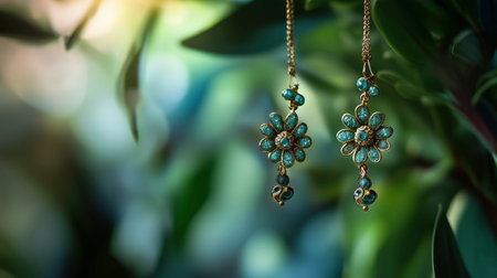 Beautiful earrings made of turquoise and green stones.の写真素材