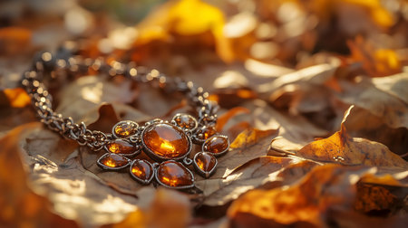 Necklace with amber stones on autumn leaves background, closeupの写真素材