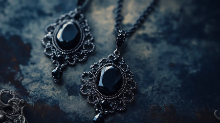 Elegant black jewelery on dark rustic background closeupの写真素材