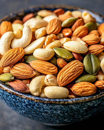 Mix of nuts in a bowl. Healthy food concept. Selective focus.の写真素材