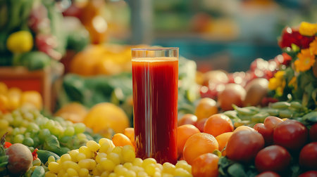 Glass of juice with fruits and vegetables on the market. Healthy eating concept.の写真素材