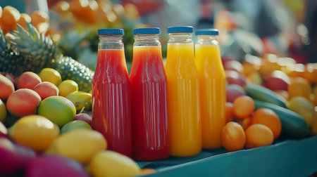 Bottles of fresh juice with fruits and vegetables in the background.