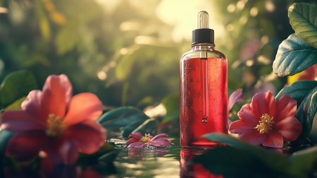 Aromatherapy essential oil in glass bottle with red flower on nature backgroundの写真素材