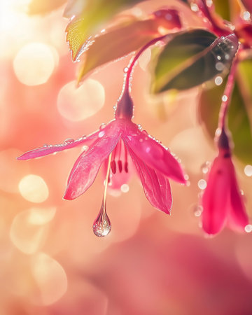Beautiful pink fuchsia flowers with water drops on bokeh backgroundの写真素材