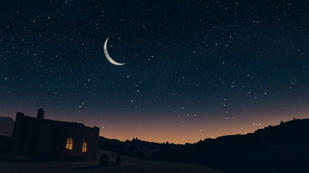 Night sky with stars and crescent moon over the village. 3d renderingの写真素材