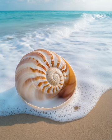 Nautilus shell on the sand with sea wave in the backgroundの写真素材