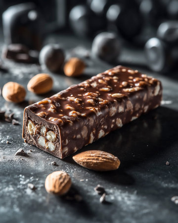 Chocolate bars with nuts on a dark background, selective focus.