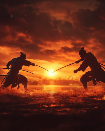 Silhouette of two men fighting with swords in the sunset.の写真素材