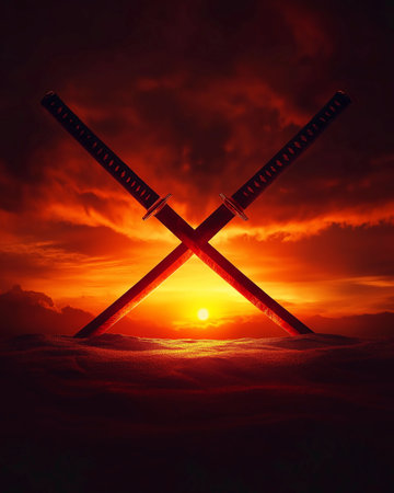 Two swords in the sand against the background of the sunset. 3d renderの写真素材