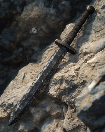 Old medieval sword on a stone background. Close-up. Selective focus.の写真素材