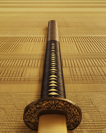 Japanese samurai sword with a pattern on a bamboo mat. 3d renderingの写真素材