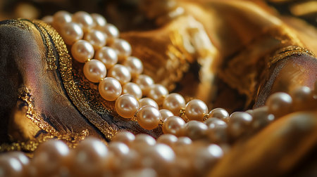 Beautiful pearls on a background of gold fabric. Selective focus.の写真素材