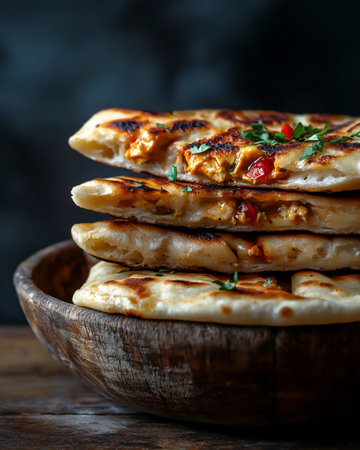 Pita bread with chicken and tomatoes in wooden bowlの写真素材