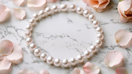Pearl necklace on a white marble background with pink rose petalsの写真素材