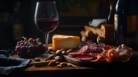 Wine, cheese, salami and grapes on wooden background.の写真素材