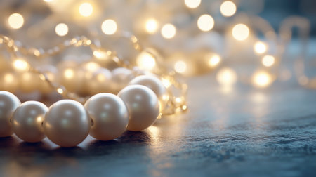 Christmas background with bokeh defocused lights and white pearlsの写真素材