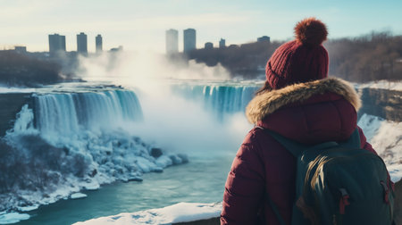A girl in a red hat and a backpack stands on the background of the Niagara Falls.の写真素材