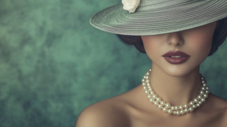 Portrait of beautiful woman with hat and pearls. Retro style.