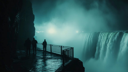Iceland - Skogafoss waterfall at foggy night in Icelandの写真素材