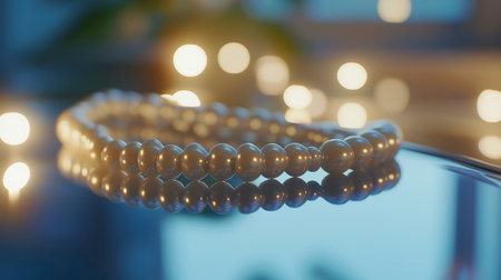 Pearl necklace on a mirror with bokeh lights in the backgroundの写真素材