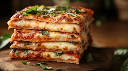 Delicious lasagna on wooden board, closeup. Italian foodの写真素材