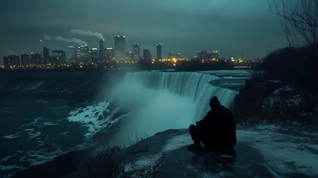 Man sitting on the edge of a cliff and looking at Niagara Falls at nightの写真素材