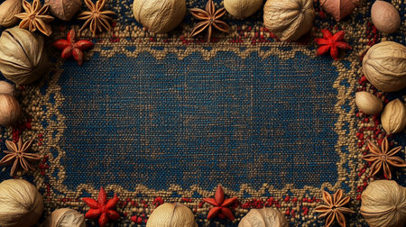 Frame made of nuts and spices on the background of blue fabric.の写真素材