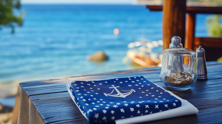 A wooden table with a nautical napkin and a glass jar on the background of the seaの写真素材