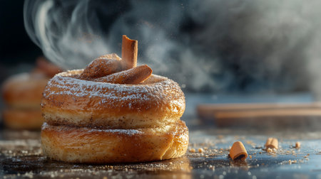Delicious homemade cinnamon buns with sugar powder on a dark backgroundの写真素材