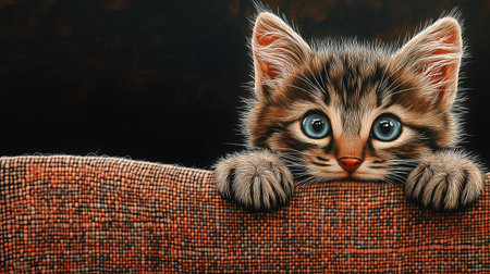 Cute little kitten with big blue eyes on a brown background.の写真素材