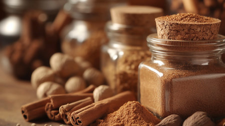 Cinnamon sticks, nutmeg and powder on wooden table, closeupの写真素材
