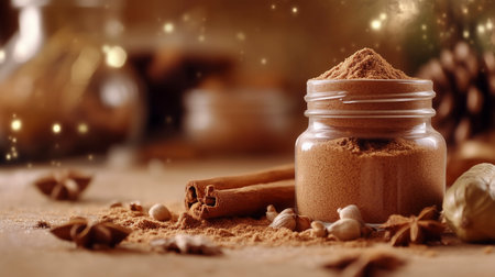 Cinnamon powder in a glass jar on a wooden table, selective focusの写真素材