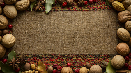 Frame of nuts and spices on burlap background with space for textの写真素材